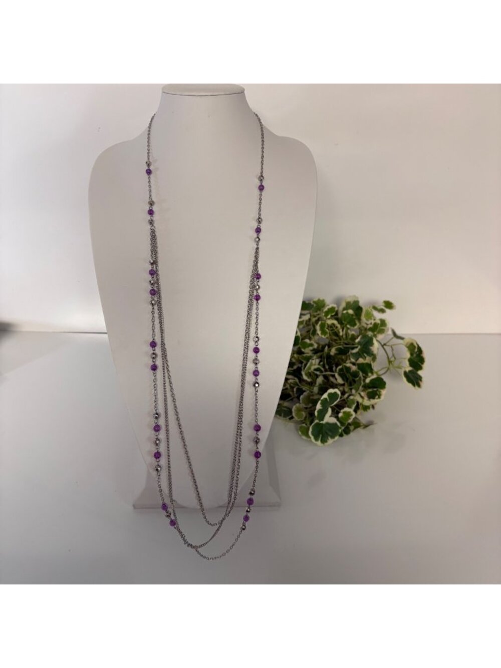 Multilayer Silver Tone Purple Long Beaded Chain Necklace Minimalist Jewelry